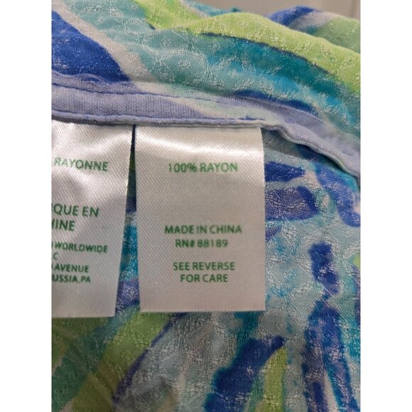 Lilly Pulitzer M Blue Green Bamboo Tropical Poet Sleeve Blouse Button Rayon Top - Picture 5 of 5